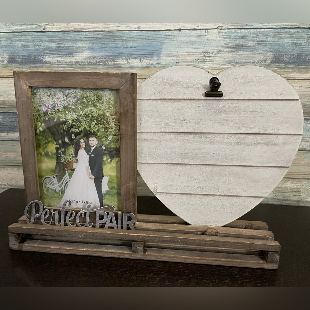 “Perfect Pair” wooden picture frame with two picture holder slots, wedding/love